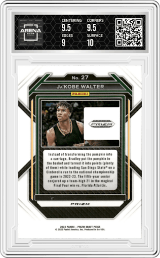 Ja'Kobe Walter from the 2023-24 Panini Prizm Draft Picks set featuring a Hyper parallel graded by Arena Club and given an overall grade of 9.5.