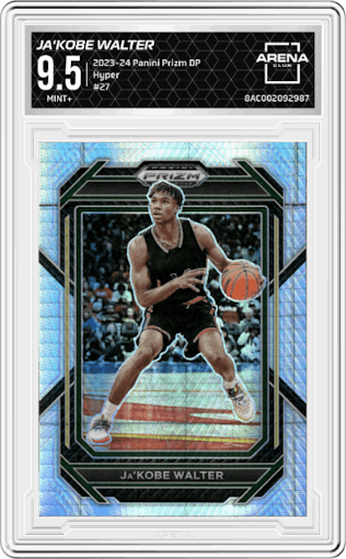 Ja'Kobe Walter from the 2023-24 Panini Prizm Draft Picks set featuring a Hyper parallel graded by Arena Club and given an overall grade of 9.5.