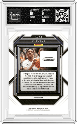KJ Evans from the 2023-24 Panini Prizm Draft Picks set featuring a Choice Tiger Stripe parallel graded by Arena Club and given an overall grade of 9.5.