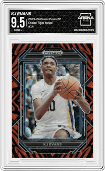 KJ Evans from the 2023-24 Panini Prizm Draft Picks set featuring a Choice Tiger Stripe parallel graded by Arena Club and given an overall grade of 9.5.