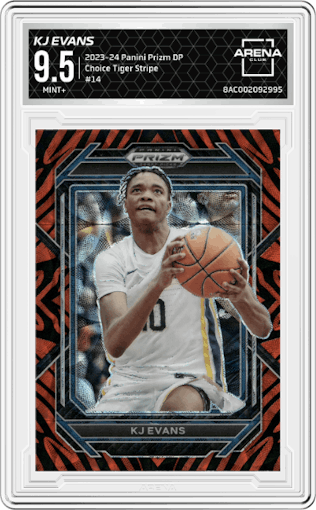 KJ Evans from the 2023-24 Panini Prizm Draft Picks set featuring a Choice Tiger Stripe parallel graded by Arena Club and given an overall grade of 9.5.