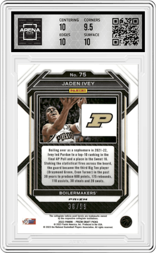 Jaden Ivey from the 2023-24 Panini Prizm Draft Picks set featuring a Blue Ice parallel graded by Arena Club and given an overall grade of 10.