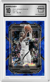 Jaden Ivey from the 2023-24 Panini Prizm Draft Picks set featuring a Blue Ice parallel graded by Arena Club and given an overall grade of 10.
