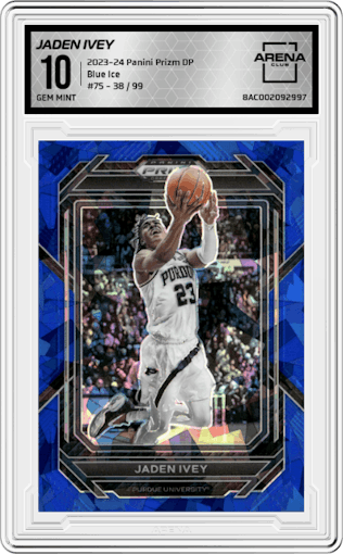 Jaden Ivey from the 2023-24 Panini Prizm Draft Picks set featuring a Blue Ice parallel graded by Arena Club and given an overall grade of 10.