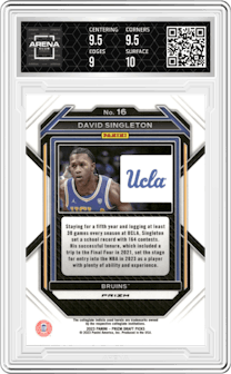 David Singleton from the 2023-24 Panini Prizm Draft Picks set featuring a Silver Prizm parallel graded by Arena Club and given an overall grade of 9.5.