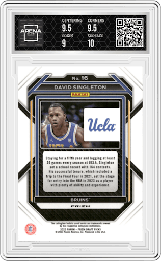 David Singleton from the 2023-24 Panini Prizm Draft Picks set featuring a Silver Prizm parallel graded by Arena Club and given an overall grade of 9.5.