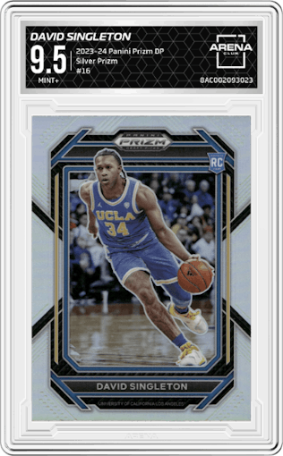 David Singleton from the 2023-24 Panini Prizm Draft Picks set featuring a Silver Prizm parallel graded by Arena Club and given an overall grade of 9.5.