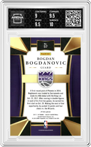 Bogdan Bogdanovic from the 2017-18 Panini Select set featuring a Silver Prizm  parallel graded by Arena Club and given an overall grade of 9.5.