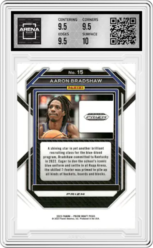 Aaron Bradshaw from the 2023-24 Panini Prizm Draft Picks set featuring a  Choice Blue/Yellow/Green parallel graded by Arena Club and given an overall grade of 10.
