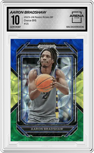 Aaron Bradshaw from the 2023-24 Panini Prizm Draft Picks set featuring a  Choice Blue/Yellow/Green parallel graded by Arena Club and given an overall grade of 10.