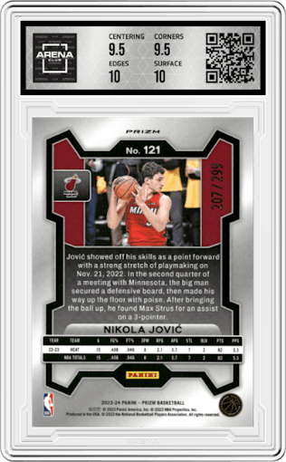 Nikola Jovic from the 2023-24 Panini Prizm set featuring a Red Prizm parallel graded by Arena Club and given an overall grade of 10.