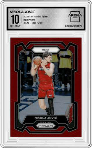 Nikola Jovic from the 2023-24 Panini Prizm set featuring a Red Prizm parallel graded by Arena Club and given an overall grade of 10.
