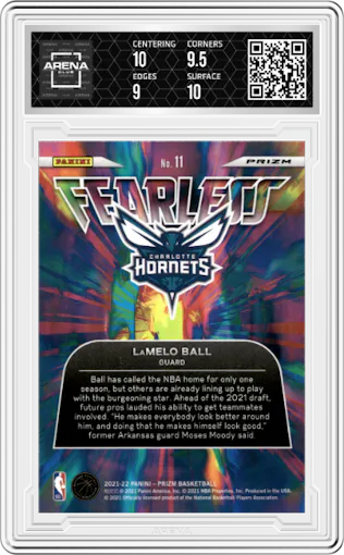 LaMelo Ball from the 2021-22 Panini Prizm  set featuring a Silver Prizm parallel graded by Arena Club and given an overall grade of 9.5.