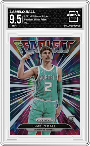 LaMelo Ball from the 2021-22 Panini Prizm  set featuring a Silver Prizm parallel graded by Arena Club and given an overall grade of 9.5.