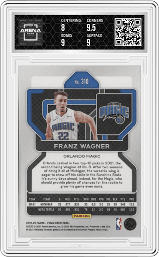 Franz Wagner from the 2021-22 Panini Prizm  set graded by Arena Club and given an overall grade of 8.5.
