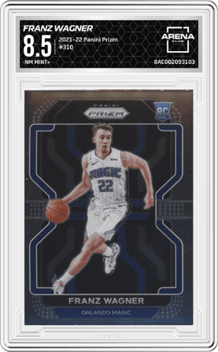 Franz Wagner from the 2021-22 Panini Prizm  set graded by Arena Club and given an overall grade of 8.5.
