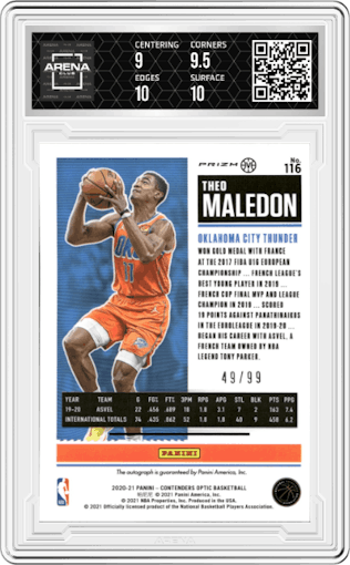 Theo Maledon from the 2020-21 Panini Contenders Optic set featuring a Red parallel graded by Arena Club and given an overall grade of 9.5.