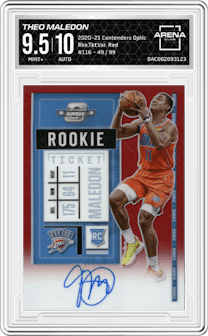 Theo Maledon from the 2020-21 Panini Contenders Optic set featuring a Red parallel graded by Arena Club and given an overall grade of 9.5.