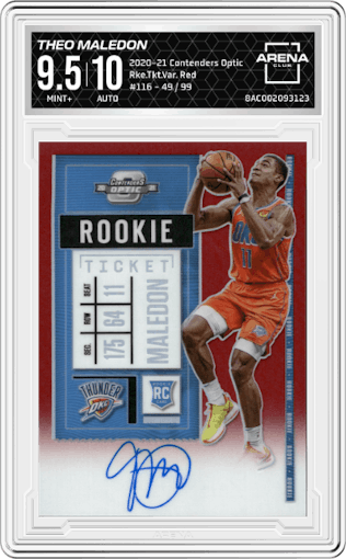 Theo Maledon from the 2020-21 Panini Contenders Optic set featuring a Red parallel graded by Arena Club and given an overall grade of 9.5.