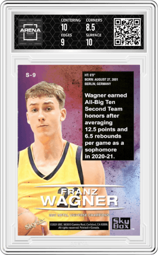 Franz Wagner from the 2021 Skybox Metal Universe Champions set graded by Arena Club and given an overall grade of 9.