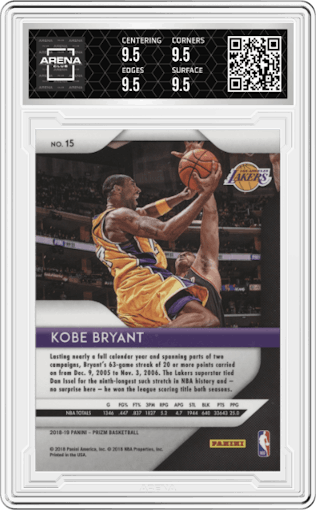 Kobe Bryant from the 2018-19 Panini Prizm set graded by Arena Club and given an overall grade of 9.5.
