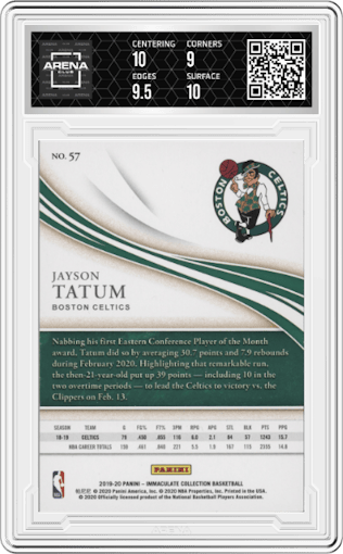 Jayson Tatum from the 2019-20 Panini Immaculate Collection set graded by Arena Club and given an overall grade of 9.5.
