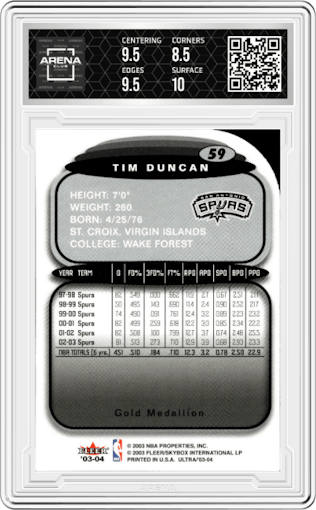 Tim Duncan from the 2003-04 Fleer Ultra set featuring a Gold Medallion parallel graded by Arena Club and given an overall grade of 9.