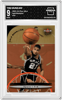 Tim Duncan from the 2003-04 Fleer Ultra set featuring a Gold Medallion parallel graded by Arena Club and given an overall grade of 9.