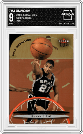 Tim Duncan from the 2003-04 Fleer Ultra set featuring a Gold Medallion parallel graded by Arena Club and given an overall grade of 9.