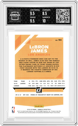 LeBron James from the 2019-20 Panini Donruss set graded by Arena Club and given an overall grade of 9.