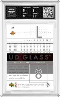 Kobe Bryant from the 2002-03 UD Glass set graded by Arena Club and given an overall grade of 9.