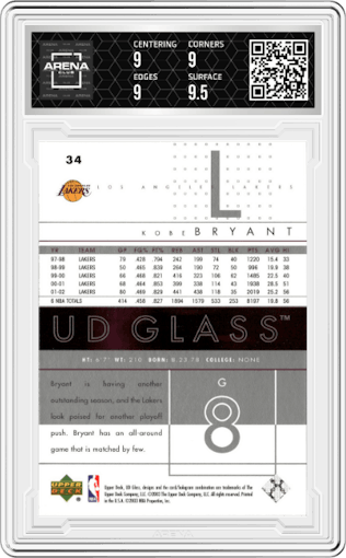 Kobe Bryant from the 2002-03 UD Glass set graded by Arena Club and given an overall grade of 9.