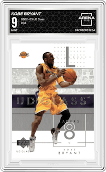 Kobe Bryant from the 2002-03 UD Glass set graded by Arena Club and given an overall grade of 9.