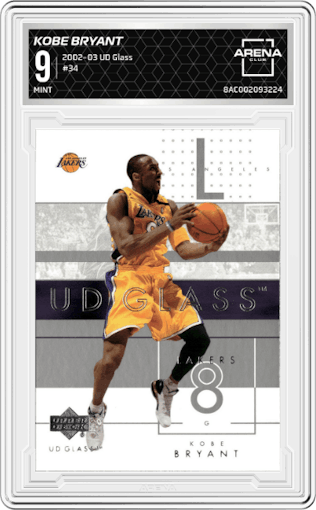 Kobe Bryant from the 2002-03 UD Glass set graded by Arena Club and given an overall grade of 9.