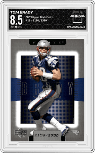 Tom Brady from the 2003 Upper Deck Finite set graded by Arena Club and given an overall grade of 8.5.