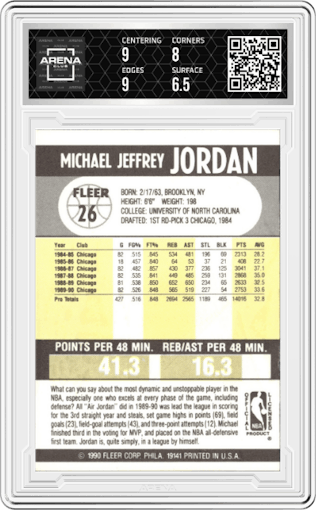 Michael Jordan from the 1990-91 Fleer set graded by Arena Club and given an overall grade of 7.