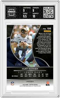 Kurt Warner from the 2022 Panini Spectra set featuring a Wave  parallel graded by Arena Club and given an overall grade of 9.5.
