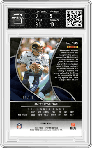 Kurt Warner from the 2022 Panini Spectra set featuring a Wave  parallel graded by Arena Club and given an overall grade of 9.5.