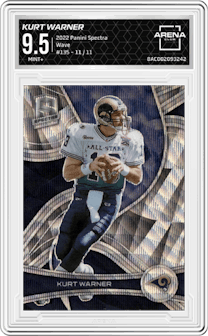 Kurt Warner from the 2022 Panini Spectra set featuring a Wave  parallel graded by Arena Club and given an overall grade of 9.5.