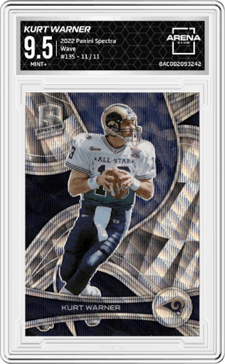 Kurt Warner from the 2022 Panini Spectra set featuring a Wave  parallel graded by Arena Club and given an overall grade of 9.5.