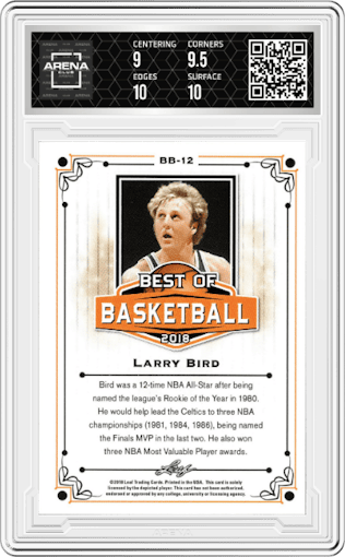 Larry Bird from the 2018 Leaf Best of Basketball set graded by Arena Club and given an overall grade of 9.5.