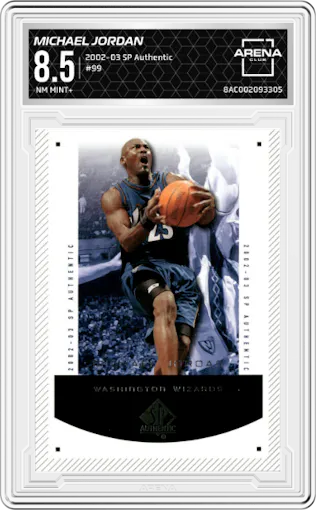 Michael Jordan from the 2002-03 UD SP Authentic set graded by Arena Club and given an overall grade of 8.5.