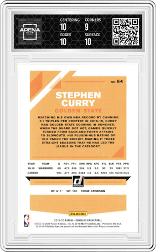 Stephen Curry from the 2019-20 Panini Donruss set featuring a Press Proof Silver parallel graded by Arena Club and given an overall grade of 9.5.