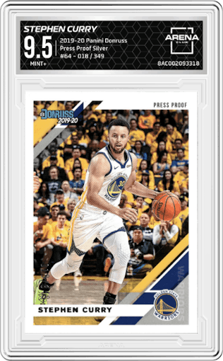 Stephen Curry from the 2019-20 Panini Donruss set featuring a Press Proof Silver parallel graded by Arena Club and given an overall grade of 9.5.