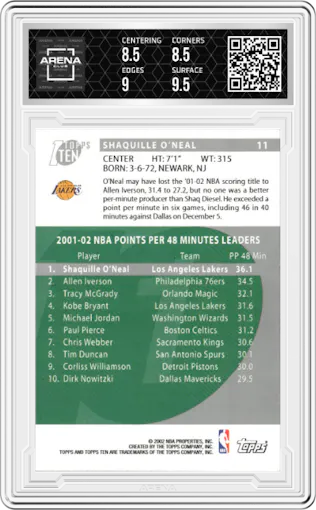 Shaquille O'Neal from the 2002-03 Topps Ten set graded by Arena Club and given an overall grade of 9.