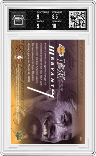 Kobe Bryant from the 2000-01 Upper Deck set graded by Arena Club and given an overall grade of 9.