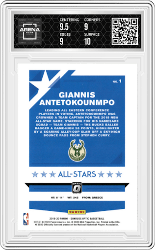 Giannis Antetokounmpo from the 2019-20 Panini Donruss Optic set graded by Arena Club and given an overall grade of 9.5.