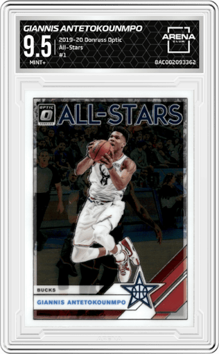 Giannis Antetokounmpo from the 2019-20 Panini Donruss Optic set graded by Arena Club and given an overall grade of 9.5.