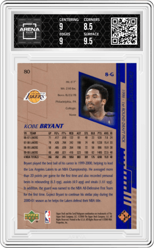 Kobe Bryant from the 2000-01 Upper Deck set graded by Arena Club and given an overall grade of 9.