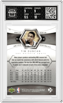 Tim Duncan from the 2004-05 Upper Deck SP Authentic set graded by Arena Club and given an overall grade of 9.5.